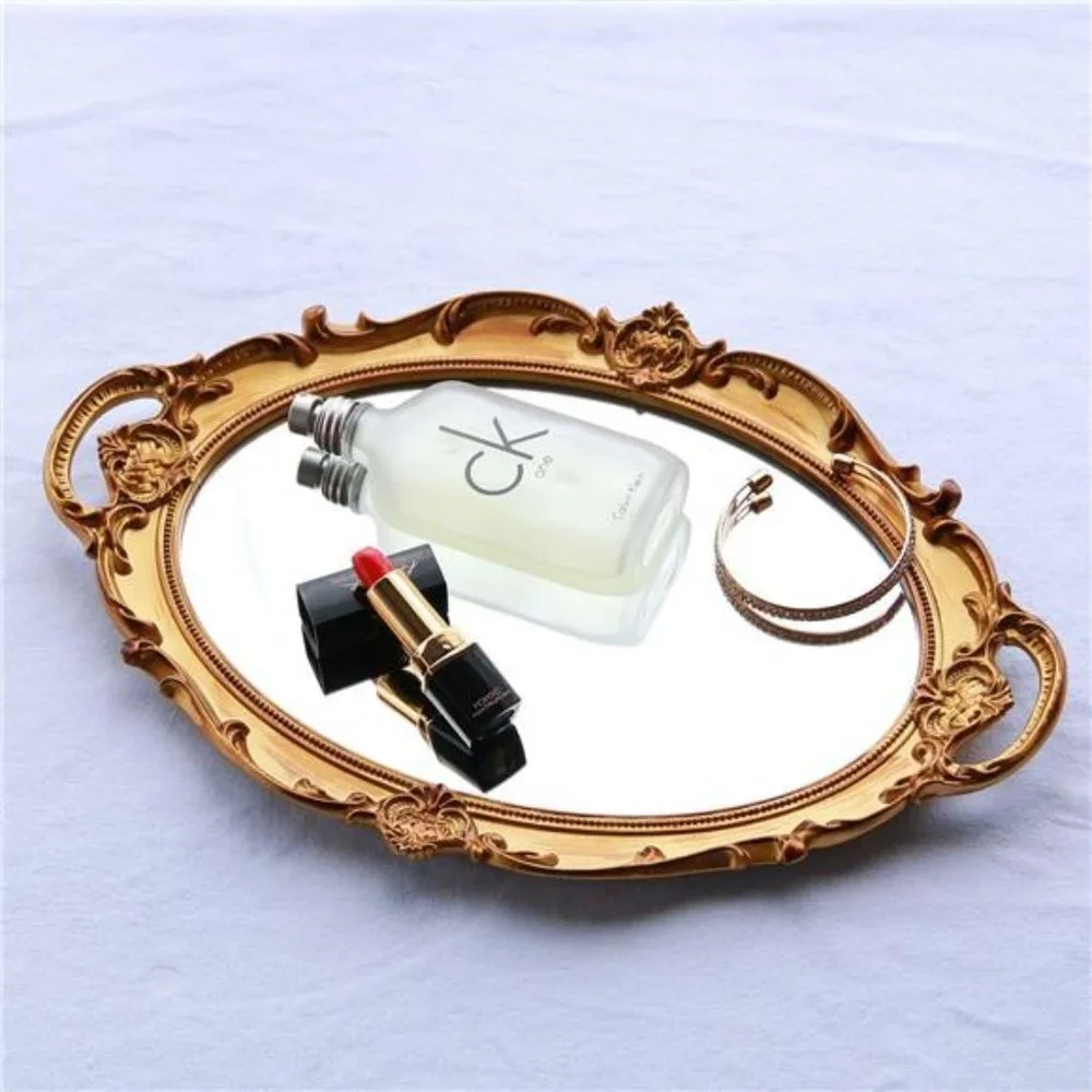 Polyresin Ellipse Antique Decorative Mirror Tray, Makeup Organizer, Jewelry
